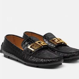 Versace Cocodrille Leather Flats with Gold Grecca Logo Hardware.